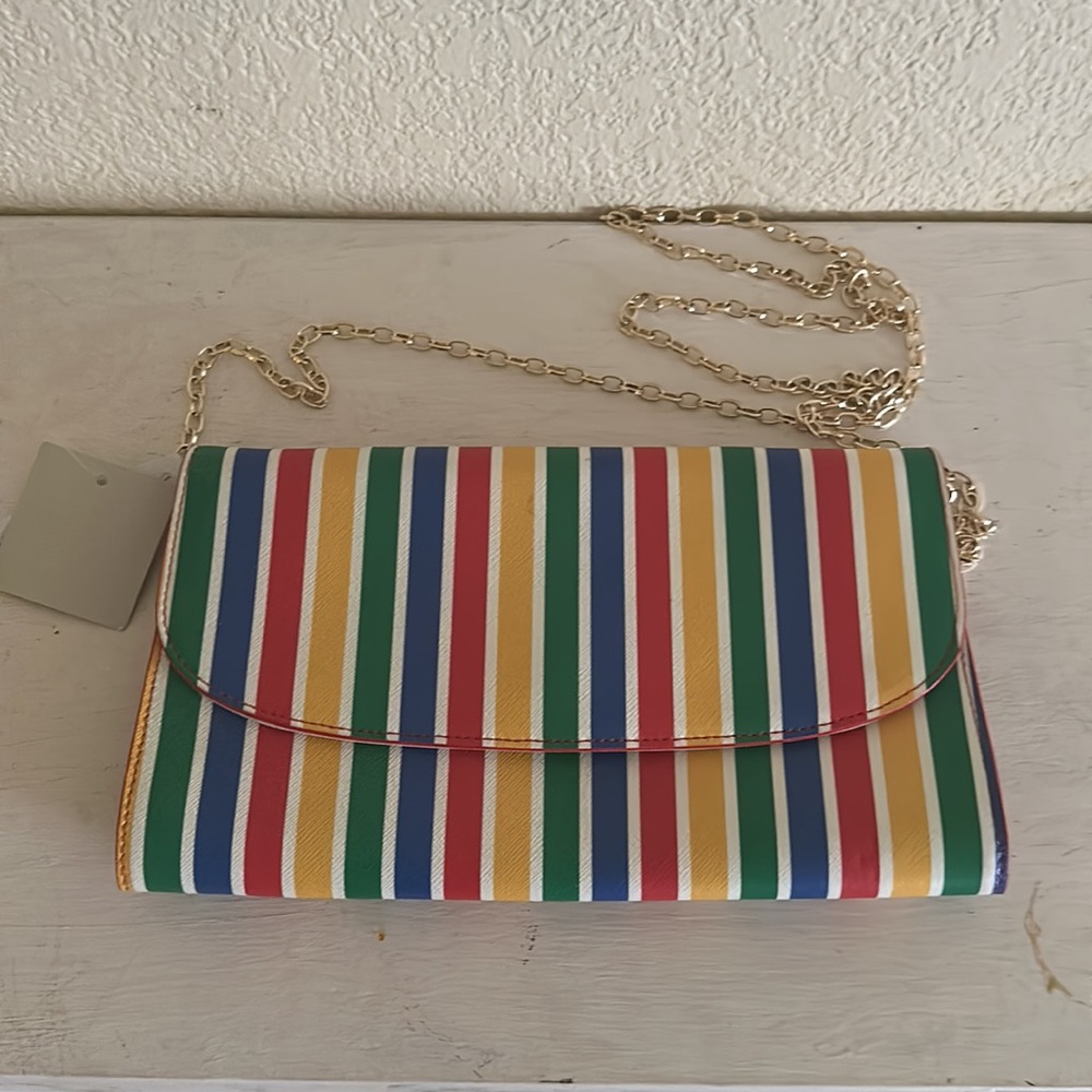 14TH & UNION Rainbow Stripe Leather Clutch Crossbody Gold Chain Purse NWT